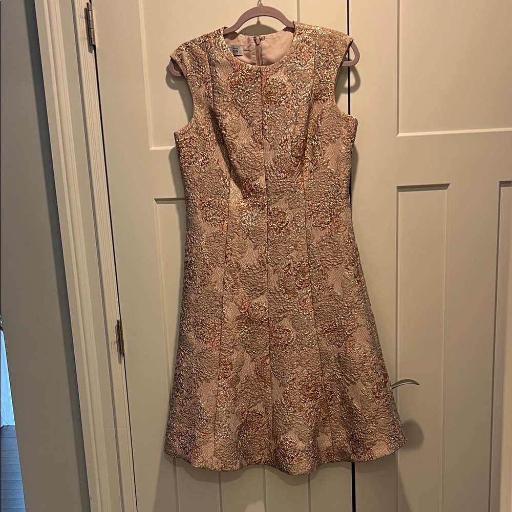 Teri Jon Pink and Gold Brocade Midi Dress